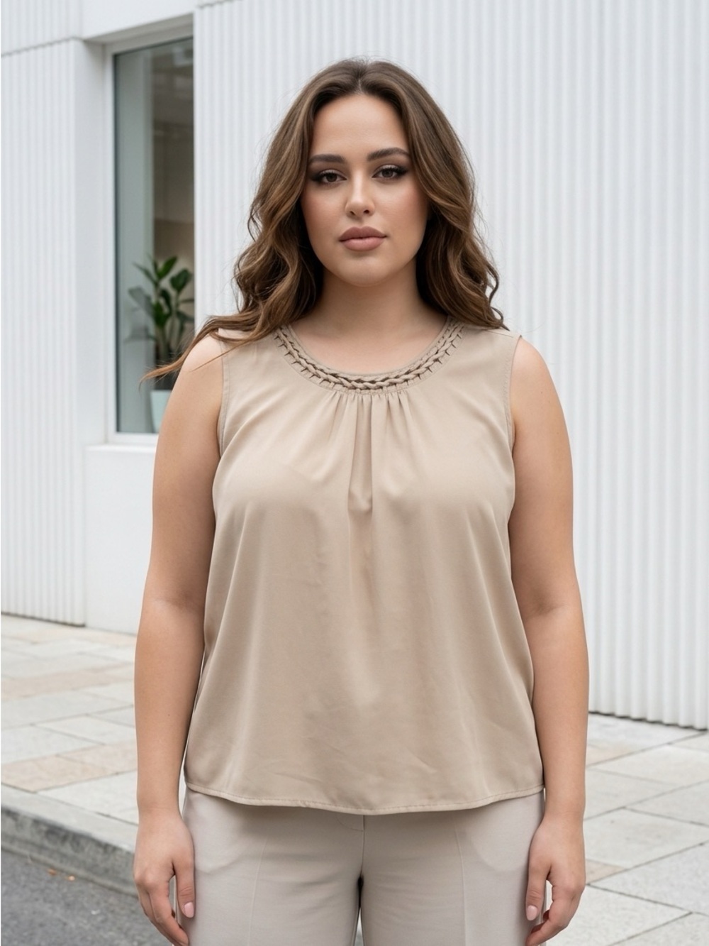 Traditions Beige Sleeveless Camisole | Size 24W | Braided Neck Detail